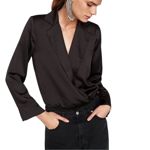 Zara Tops - Zara Black Satin Surplice Deep Plunge Bodysuit